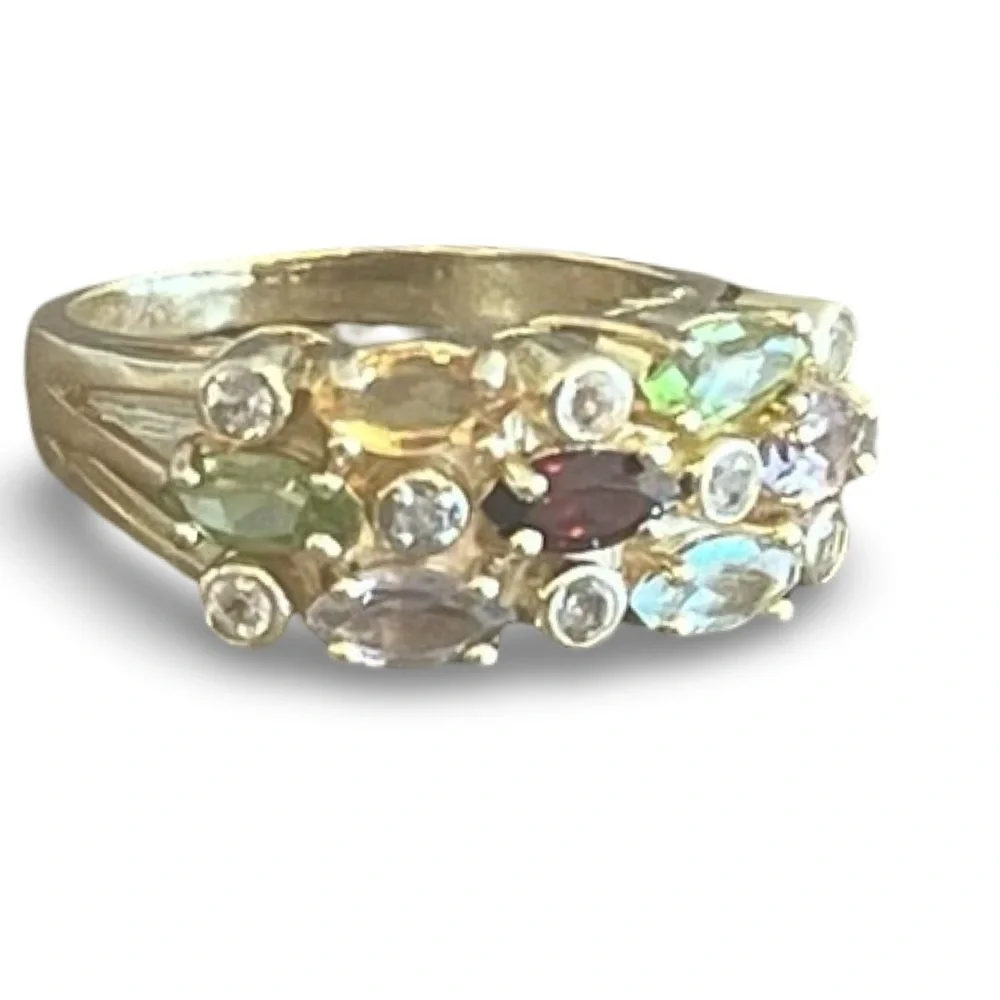 Vermeil Gold Multi-Gemstone Topaz Garnet Amethyst  Peridot Citrine Ring Size 8